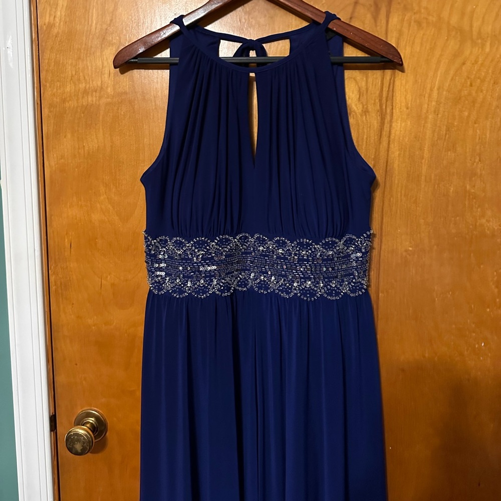 R&M Richards floor length deep cobalt blue sleeveless dress